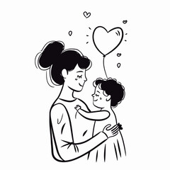 Hand drawn line art of mother and kid in flowers background