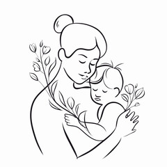 Hand drawn line art of mother and kid in flowers background