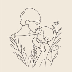 Hand drawn line art of mother and kid in flowers background
