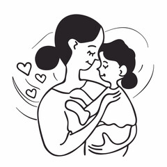 Hand drawn line art of mother and kid in flowers background