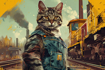 Funny cats are wearing a suit of builder or worker. Pet craftsman. Labour Day. Creative industry concept for card, banner, poster