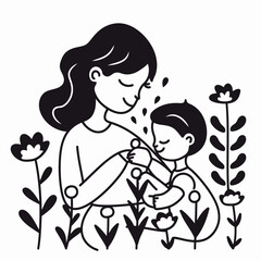 Hand drawn line art of mother and kid in flowers background
