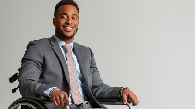 Inclusive image of. a happy african american mixed race disabled man in a wheelchair in the office. Inclusive and diverse workplace. Celebrating difference for Black History Month