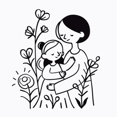 Hand drawn line art of mother and kid in flowers background