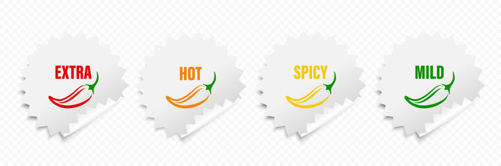 Realistic Vector Round Stickers with Spicy Chili Pepper Levels. Red, Orange, Yellow, Green Jalapeno Pepper Strength Scale Sticker Indicators with Mild, Spicy, Hot and Extra Positions
