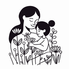 Hand drawn line art of mother and kid in flowers background