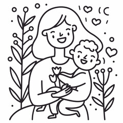 Hand drawn line art of mother and kid in flowers background