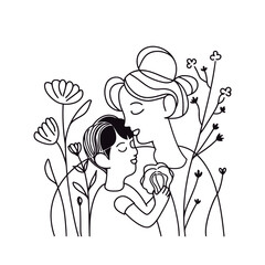 Hand drawn line art of mother and kid in flowers background