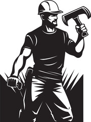 Craftsmans Clout Vector Logo of a Hammer Wielding Worker Toolbox Titan Iconic Construction Worker Design