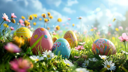 Obraz na płótnie Canvas Vivid Easter eggs hidden in a field of wildflowers under a bright spring sky.