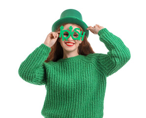 Young woman with in Leprechaun's hat with eyeglasses on white background. St. Patrick's Day...