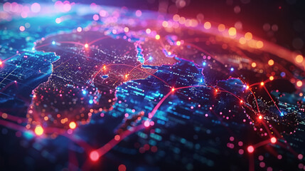 Fototapeta premium Digital representation of global data streams with vibrant light connections on a dark background, symbolizing worldwide connectivity.