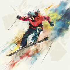 Nice colorful dynamic painting of a snowboarder jumping on a snowboard on the mountain slope, speed and extreme sensations, person skiing beautiful illustration on abstract background