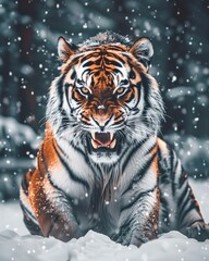 Impressive Tiger feline big cat in the snow illustration made with Generative AI 