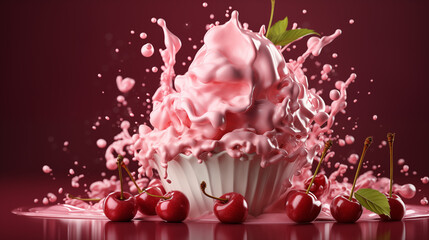 Delicious cherry ice cream with splashes and drops on red background generativa IA