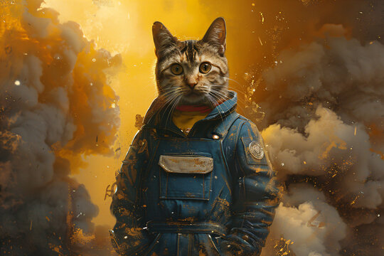 Funny cats are wearing a suit of builder or worker. Pet craftsman. Labour Day. Creative industry concept for card, banner, poster