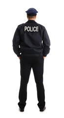 Fototapeta na wymiar Male police officer on white background, back view