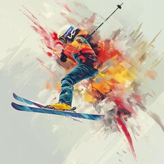 Colorful digital painting of a skier jumping on the slope, skier skiing at full speed, dynamic sportive illustration, sports competition challenging atmosphere, person isolated on abstract background