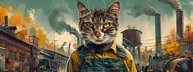 Funny cats are wearing a suit of builder or worker. Pet craftsman. Labour Day. Creative industry concept for card, banner, poster