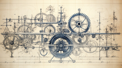 Vintage Mechanical Engineering Blueprint of Gears - obrazy, fototapety, plakaty