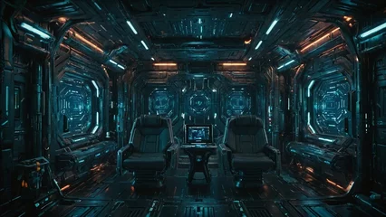 Fototapeten interior of an spaceship. An inside of a cyberteck spaceship with elegant design and seating © Ahsan