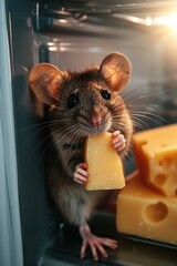 A mouse is holding a piece of cheese in the oven. Generative AI.