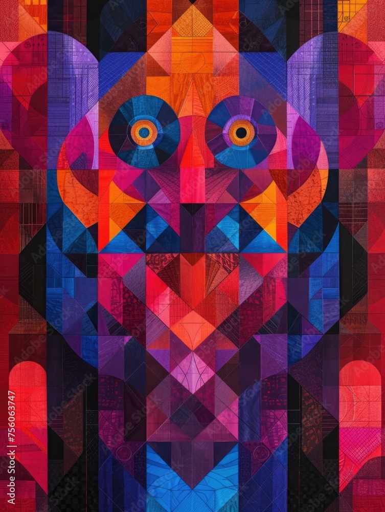 Wall mural a colorful abstract painting of a monkey with eyes and a nose. generative ai.