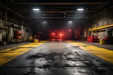 Keuken spatwand met foto A large industrial warehouse with yellow and red lights on the floor. Generative AI. © serg3d