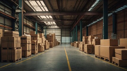 A warehouse consisting of packages, boxes, and pallets ready to be delivered. 