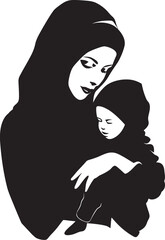 Modest Love Hijab Woman Embracing Baby Logo Veiled Harmony Traditional Hijab Mother with Child Icon