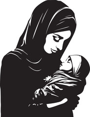 Serene Affection Traditional Hijab Mom Holding Toddler Vector Veiled Serenity Hijab Woman with Newborn Logo