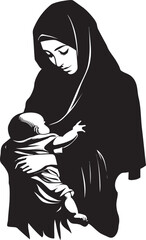 Veiled Harmony Hijab Woman Holding Infant Logo Maternal Elegance Traditional Hijab Mom with Small Baby Icon