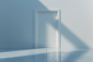 White door in abstract space. White door in anm unreal, abstract space with volumetric light and fog.