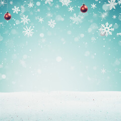 A blue background with snowflakes and a red ornament hanging from the top