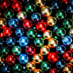 A close up of many colorful Christmas ornaments