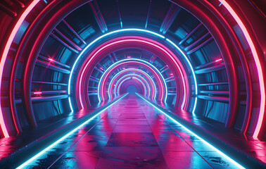 Neon-Lit Futuristic Tunnel with Reflective Flooring and Glowing Pink Arches in a Science Fiction...