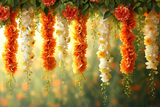 Traditional Indian floral garland toran made of marigold or zendu flower decorated temple or home. Happy Diwali festival, Pongal or Gudi Padwa. Decoration for Indian hindu holidays, wedding