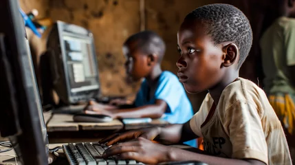 Deurstickers Digital divide in education - boy using a computer © Impete