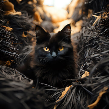 Mystical Black Cat with Piercing Yellow Eyes.

A captivating image of a black cat with intense yellow eyes, nestled within dark, contrasting foliage. Ideal for Halloween themes, mystery concepts, or p