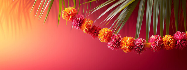 Traditional Indian floral garland toran made of marigold flowers and mango leaves on bright pink background. Happy Diwali festival, Pongal or Gudi Padwa. Decoration for Indian hindu holidays, wedding