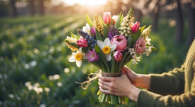 hand holding bunch of spring flowers outdoors. Beautiful bouquet with tulips, hyacinths, daffodils in female hands on blurred green background