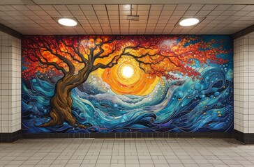 Vivid street art depicting a tree with fiery leaves reaching for a swirling sun amid the ocean, symbolizing harmony