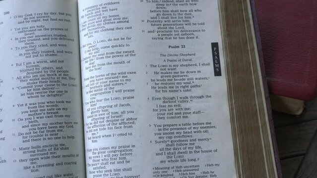 Psalm 23 of the Holy Bible. Close up and panning view of the text.