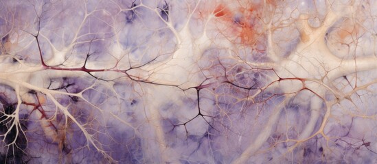 A detailed painting capturing a tree branch with small violet leaves against a vibrant purple...