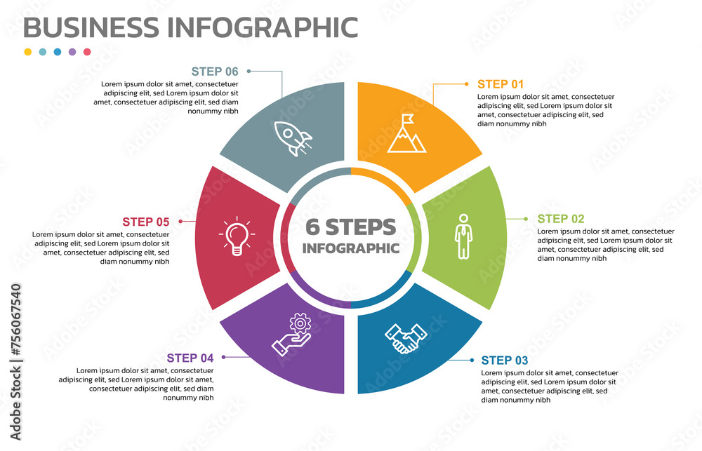Poster Visual data presentation. Cycle diagram with 6 options. Pie Chart Circle infographic template with 6 steps, options, parts, segments. Business concept. Marketing infographic vector illustration.