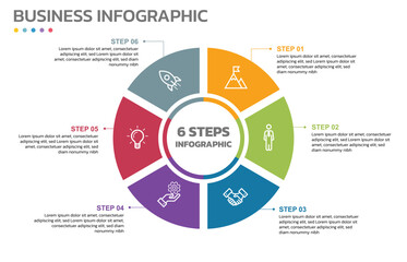 Visual data presentation. Cycle diagram with 6 options. Pie Chart Circle infographic template with 6 steps, options, parts, segments. Business concept. Marketing infographic vector illustration.