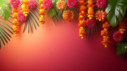 Traditional Indian floral garland toran made of marigold flowers and mango leaves on bright pink background. Happy Diwali festival, Pongal or Gudi Padwa. Decoration for Indian hindu holidays, wedding