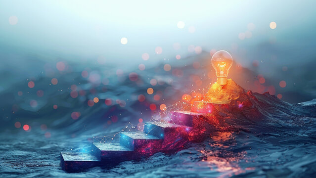 Electric light bulb concept Steps to success with waves of obstacles. Set goals and imagine success concept background concept