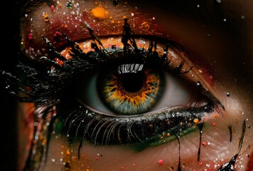 Extreme close-up of a human eye with dramatically colorful makeup and splashes of paint,...