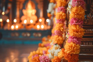 Foto op Aluminium Traditional Indian floral garland toran made of marigold or zendu flower decorated temple or home. Happy Diwali festival, Pongal or Gudi Padwa. Decoration for Indian hindu holidays, wedding © ratatosk